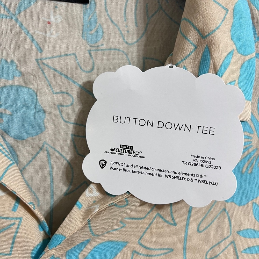 Friends Button Down Shirt Mens 2XL Tan Blue‎ Tropical Floral Hibiscus NWT 90s - Picture 5 of 7